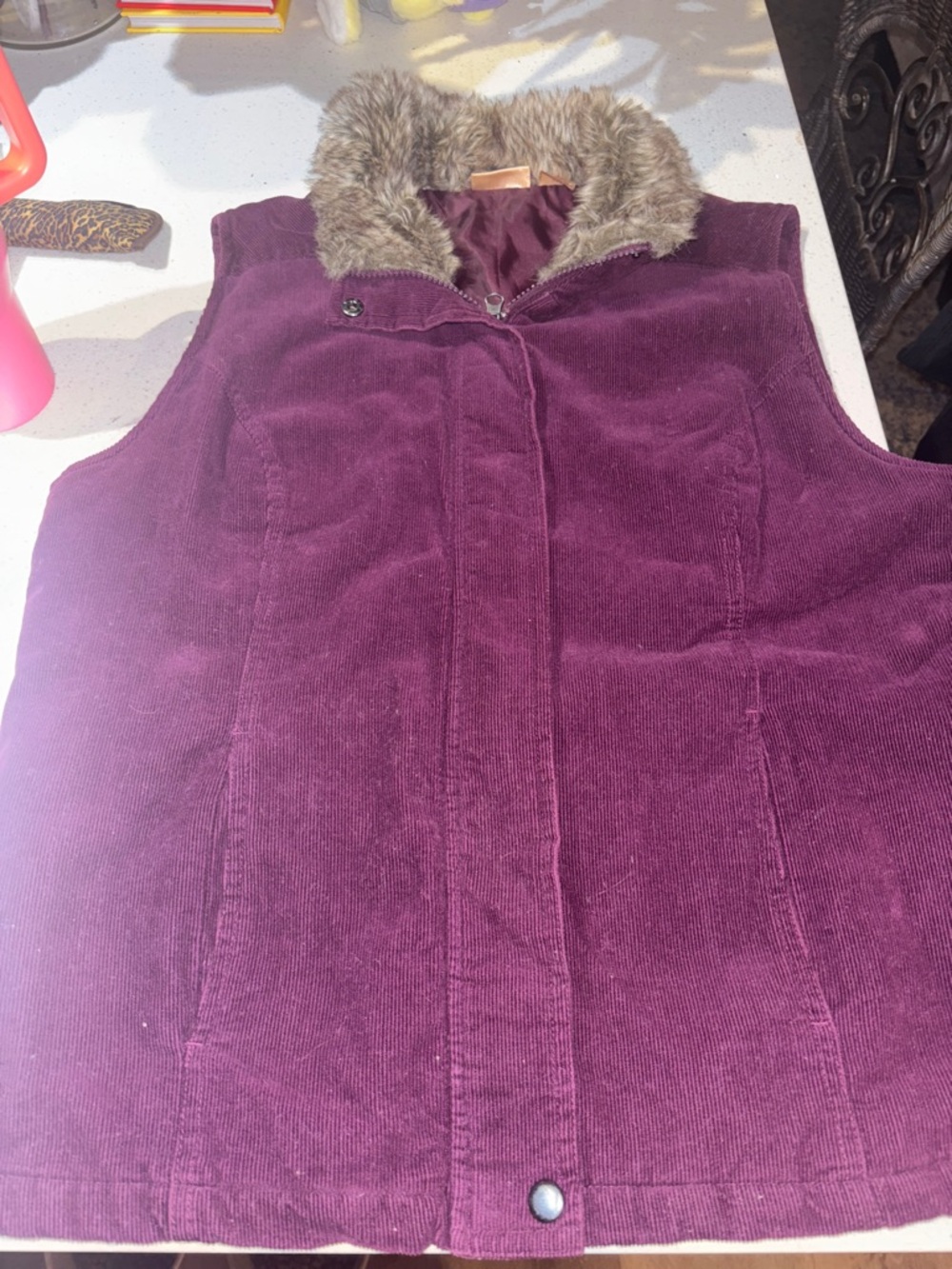 Northcrest Plum Corduroy Vest with Faux-Fur Collar
